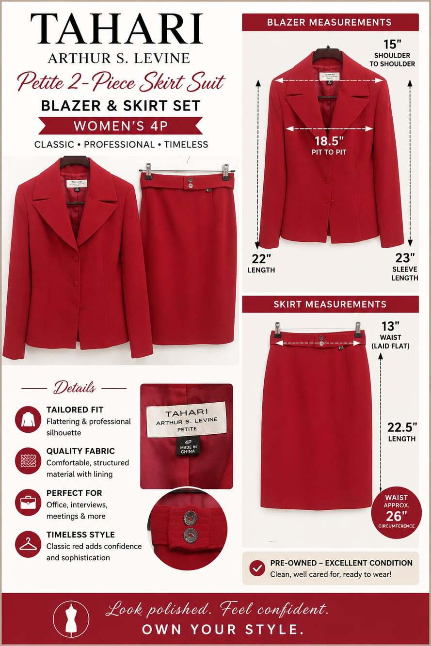 Tahari Arthur S Levine Womens 4P Red Blazer Skirt Suit 2 Piece Petite Career